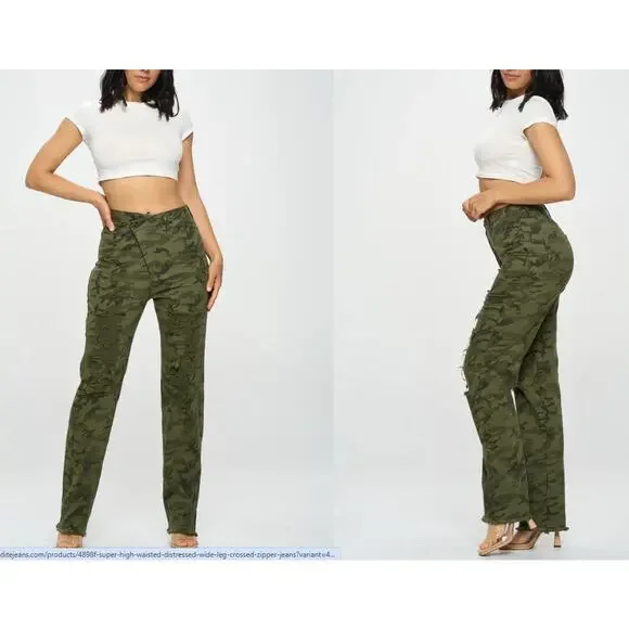 Aphrodite Crossover High Waisted Distressed Loose Camo Green Jeans Women Sz 9/29 - Picture 12 of 14